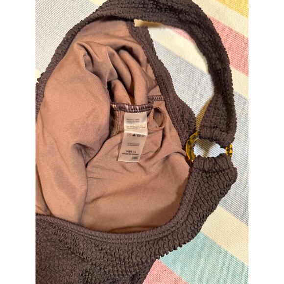 NWOT Brown Waffle One Piece Swimsuit Tortoise Rings Size Large - Picture 4 of 7